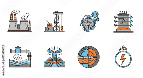 Set of industrial energy production icons and symbols.