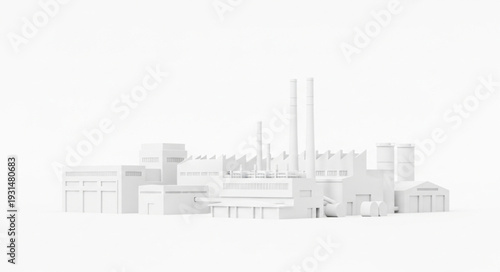 Modern industrial factory complex with tall chimneys against a white background.