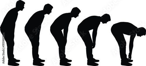 Black silhouette sequence of man bending forward step by step isolated on white background, stretching motion illustration