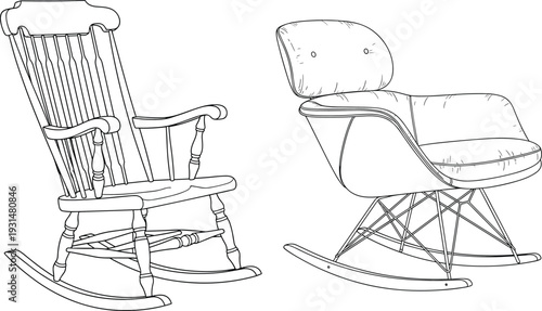 Wooden rocking chair and modern upholstered rocker vector illustration, classic and contemporary furniture line art design