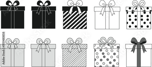 Black and white gift box set with bow ribbon various patterns isolated on white background vector illustration collection