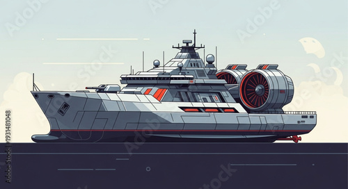 Futuristic Mega Yacht with Jet Engines Illustration.
