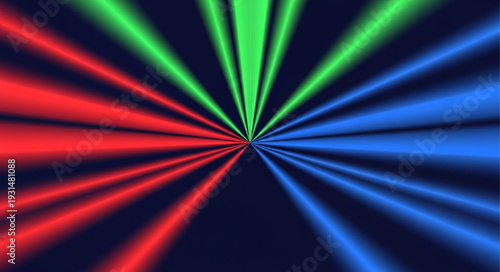Abstract colorful laser light beams radiating from a central point.