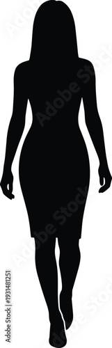 Black silhouette of walking woman front view isolated on white background, elegant female stride illustration