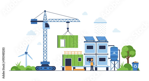 Sustainable Modular Construction with Green Energy: Prefabricated Building Assembly Featuring Solar Panels, Wind Power, and Rainwater Harvesting.