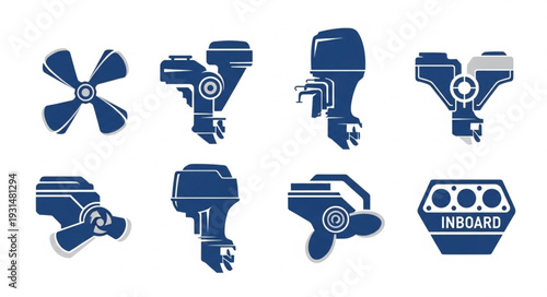 Set of outboard and inboard boat engine icons.