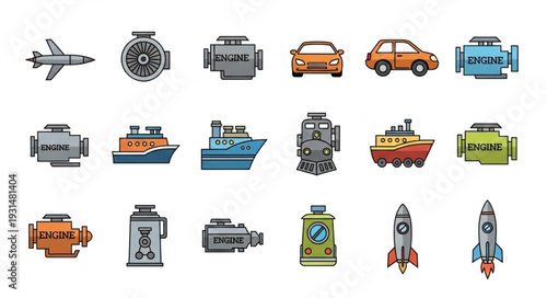 Collection of various transportation vehicles and engines.