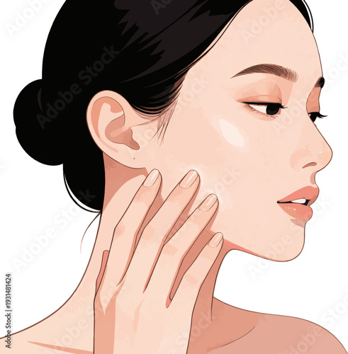 Isolated a beauty portrait of a young woman showing her profile against a with her fingertips touching her smooth bare skin, creating an image for advertising skin care vector art.