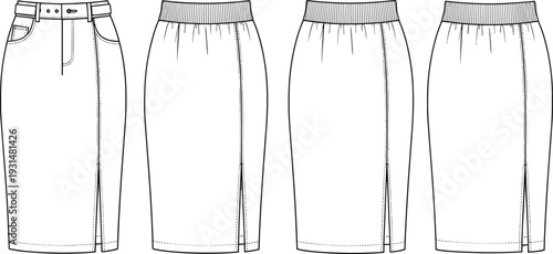 Women pencil skirt vector illustration set, high waist fitted midi skirt front view fashion technical drawing template