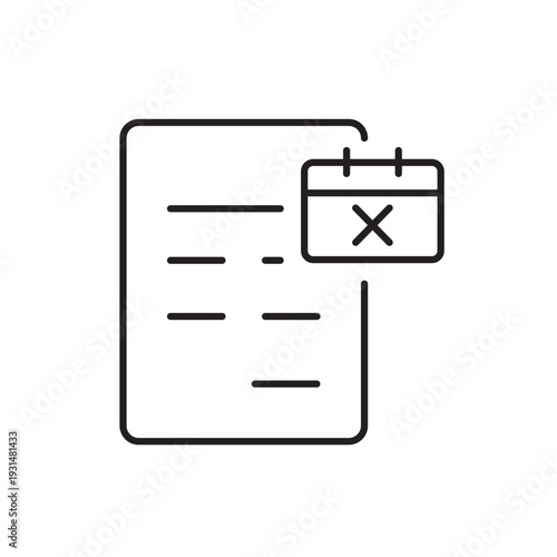 A vector icon of an invoice with an X mark, indicating an overdue invoice, created in line style with editable stroke