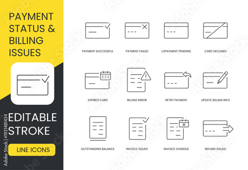 A vector icon set for payment and billing status, including success, failure, pending, errors, invoice issues, expired cards, and refunds, created in line style with editable stroke