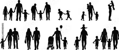 Family silhouette vector illustration showing diverse parents and children walking, playing, bonding, parenting, togetherness, lifestyle, care, love, unity