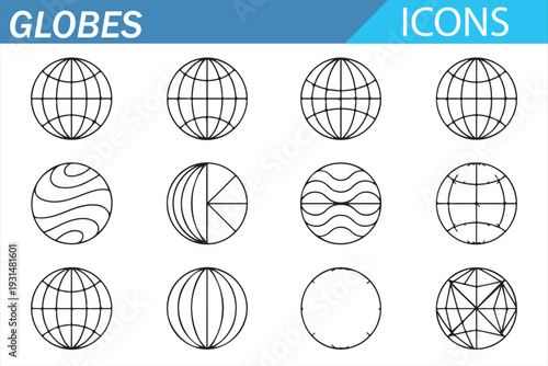 Minimal World Globe Symbols – Global Earth Line Vector Graphics