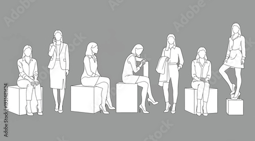Eight white silhouettes of business people sitting and standing on boxes in various poses on gray background