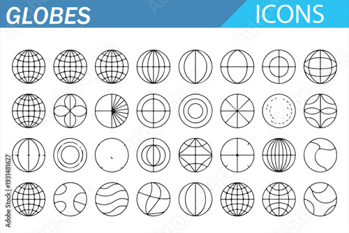 Earth Globe Grid Icons – Latitude Longitude World Vector Set