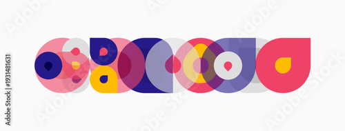 Colorful overlapping circles create abstract pattern. Shapes suggest movement, playful design, modern aesthetic. Bright hues dominate composition.