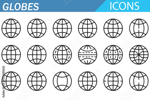 Global Navigation Globe Symbols – Minimal Outline Earth Icon Collection