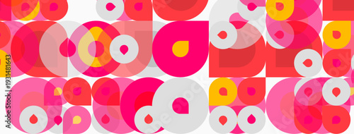 Abstract pattern features overlapping circles. Colors include pink, orange, yellow, plus white. Design feels modern, playful.