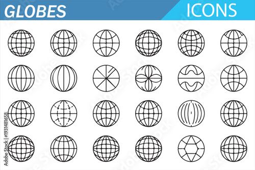 International Globe Vector Icons – Outline Earth Grid for Web and App Design
