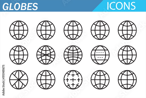 World Globe Icon Set Vector – Global Earth Line Outline Symbols with Latitude and Longitude Grid
