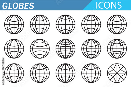 Global Globe Icons Set – World Earth Line Outline Vector Collection with Latitude Longitude Grid, International Map Symbols for Web, App, Navigation and Infographic Design