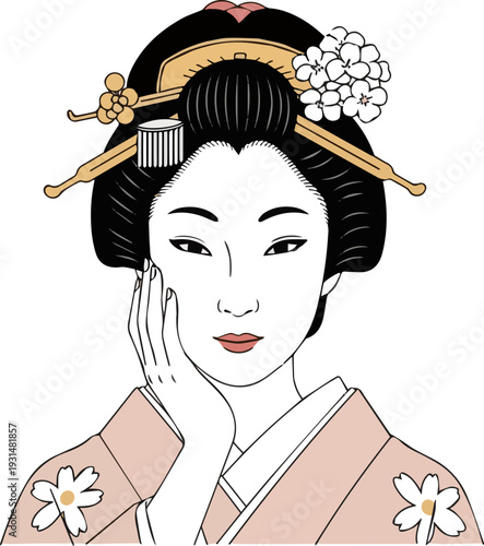 Isolated a realistic Beautiful portrait of a Japanese woman with her hand on her cheek vector art with white background.