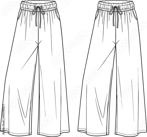 Wide leg pants flat sketch, elastic waistband, drawstring closure, side pockets, seam details, relaxed fit, casual loungewear, garment construction, apparel illustration