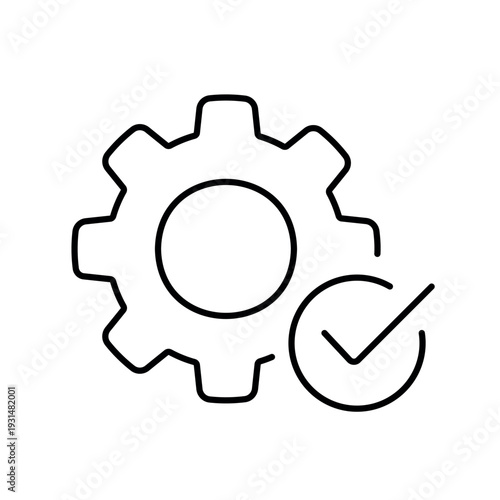 A vector icon of a gear with a check mark, symbolizing successful operation, created in line style with editable stroke