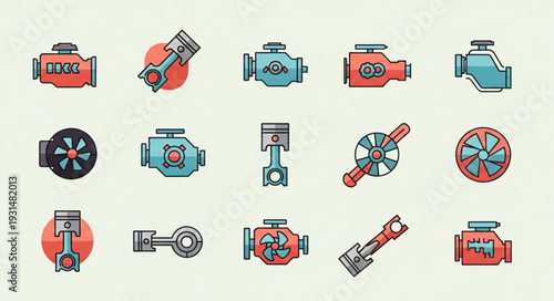 Collection of stylized engine and piston icons.