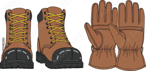 Heavy-duty leather work boots and gloves for construction and outdoor labor tasks.
