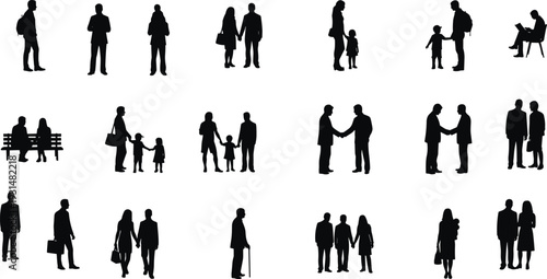 Silhouette vector collection of people interacting, couples holding hands, families, children, sitting, handshake, laptop use, everyday social life