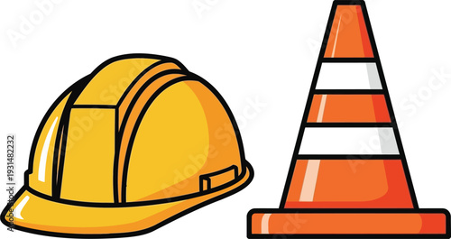 Construction safety gear including a hard hat and traffic cone for site awareness