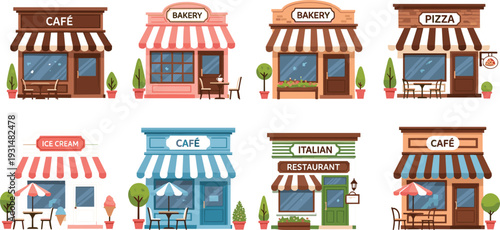Cute Small Cafe and Restaurant Storefront Collection with Bakery and Pizzeria Shop Facades Cartoon Vector Illustration Set