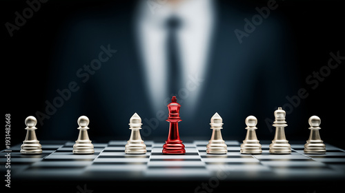 Strategic Moves: A conceptual image depicts a striking red chess king at the forefront, representing leadership and strategic decisions, against the backdrop of a chessboard and a blurred suit.