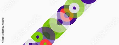 Abstract colorful circles overlap diagonally across white space. Shapes vary sizes, hues creating dynamic visual pattern.