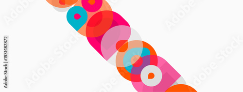 Abstract colorful circles overlap diagonally. Bright hues create dynamic visual pattern. Simple shapes, modern design.