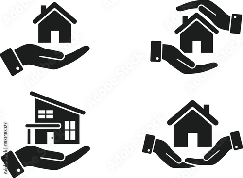 Real Estate House in Hands Icon Set for Mortgage, Home Insurance, Property Protection, and Residential Investment Concepts
