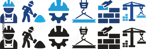 Construction Icons Set with Worker, Gear, Crane, Bricklaying, and Hook