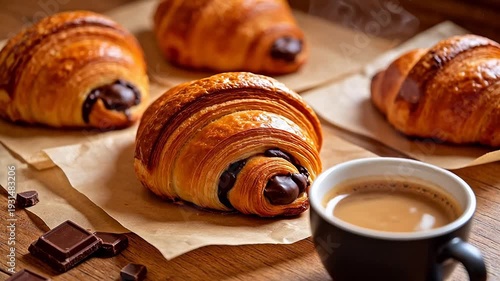 Croissants with chocolate and coffee