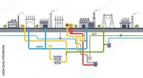 Modern Industrial Infrastructure: Factories, Power Plants, and Underground Utility Networks for Water and Gas Supply