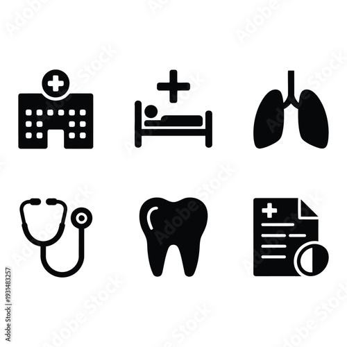 Vital health system and patient well being solid black icon set