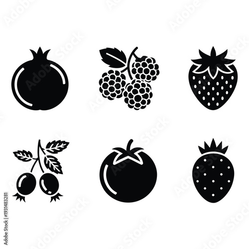 Collection of Diverse Fruit Silhouettes Including Berries and Pomegranate in a Simple Dark Design