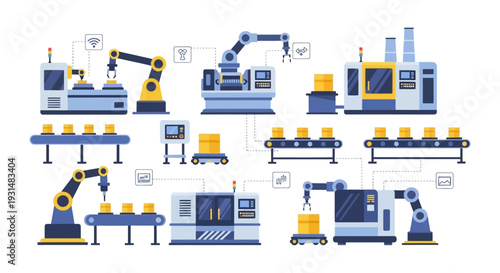 Industrial Automation System with Robotic Arms, Conveyor Belts & Modern Machinery: Smart Factory Production Line Technology Illustration