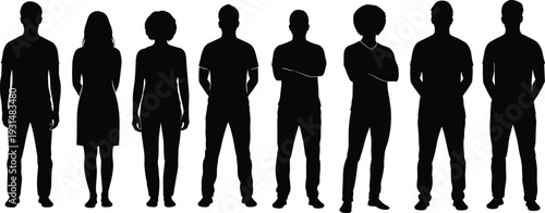 Black silhouette collection of diverse standing men and women isolated on white background, front view people set