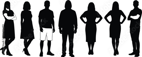 Black silhouette collection of diverse standing men and women isolated on white background, front view people variation set