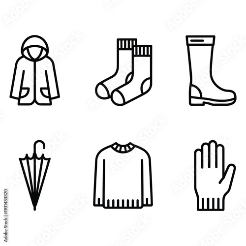 Diverse Seasonal Weather Protection Clothing and Accessories Outline Icons Collection