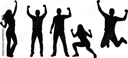 Black silhouette collection of excited people celebrating victory isolated on white background, jumping and cheering poses set
