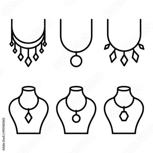 Elegant jewelry necklaces and display mannequins outline stroke icons collection