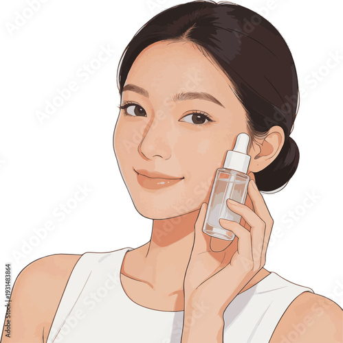  Isolated a realistic Skin care, model, Asian woman, vector art with white background..
