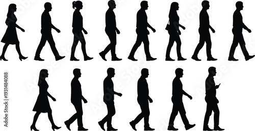 Black silhouette collection of walking people men and women side view isolated on white background vector illustration